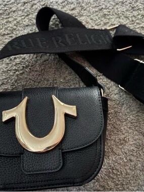 True Religion Black Crossbody Bag with Gold Hardware and Branded Strap